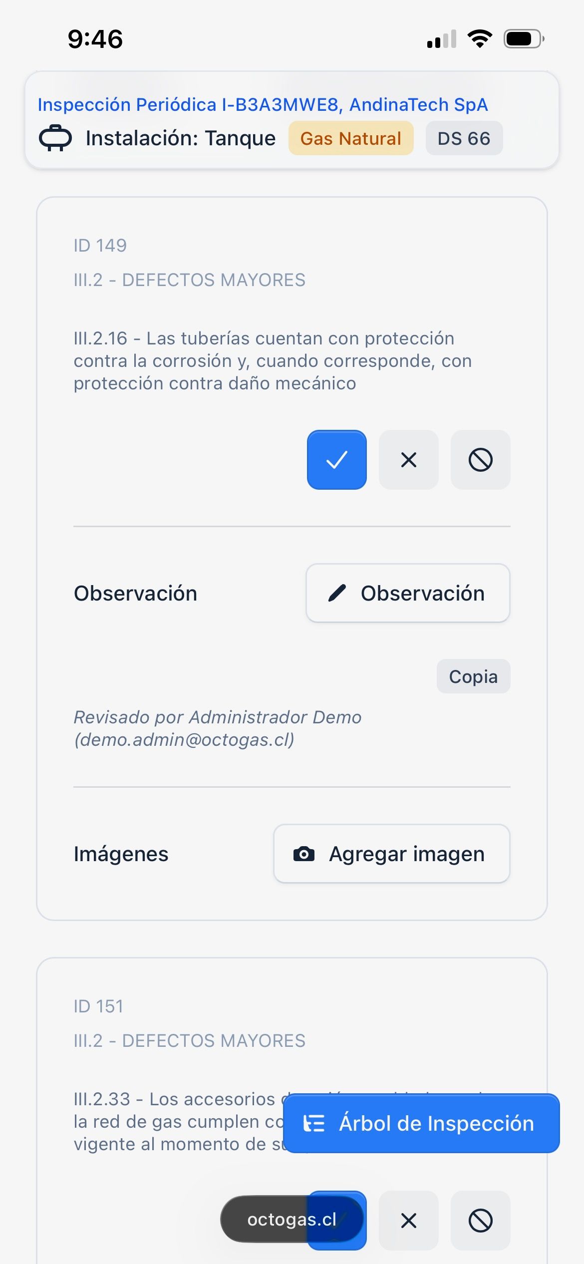 Formulario de inspección de Octogas en un teléfono