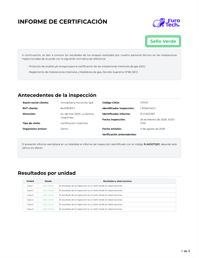 Informe de inspección generado en Octogas